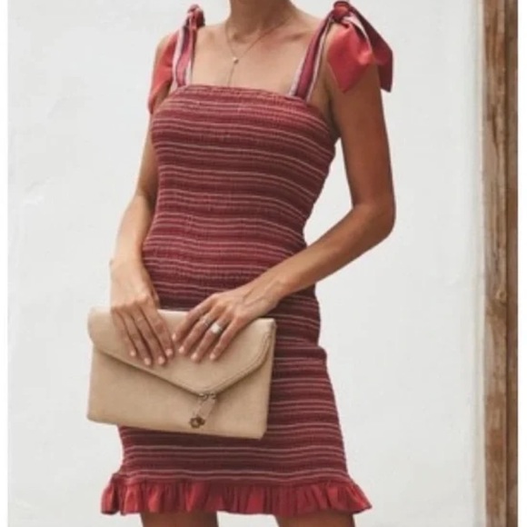 Storia Embroidered Striped Chai Smocked Ruffle Bottom Tie Sleeves Mini Dress S - Picture 4 of 16